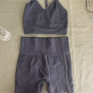 Blue Ribbed Sports Bra and Leggings Set